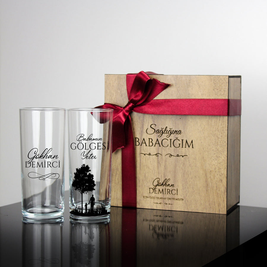 Babamın Gölgesi Yeter - Ahşap Kutulu İsimli İkili Rakı Kadehi Seti