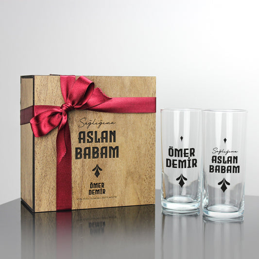 Sağlığına Aslan Babam - Ahşap Kutulu İsimli İkili Rakı Kadehi Seti