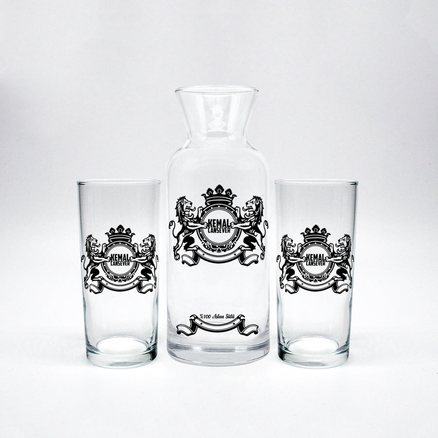 Aslan Sütü Ahşap Kutuda Kişiye Özel İkili Rakı Kadehi & Karaf Seti
